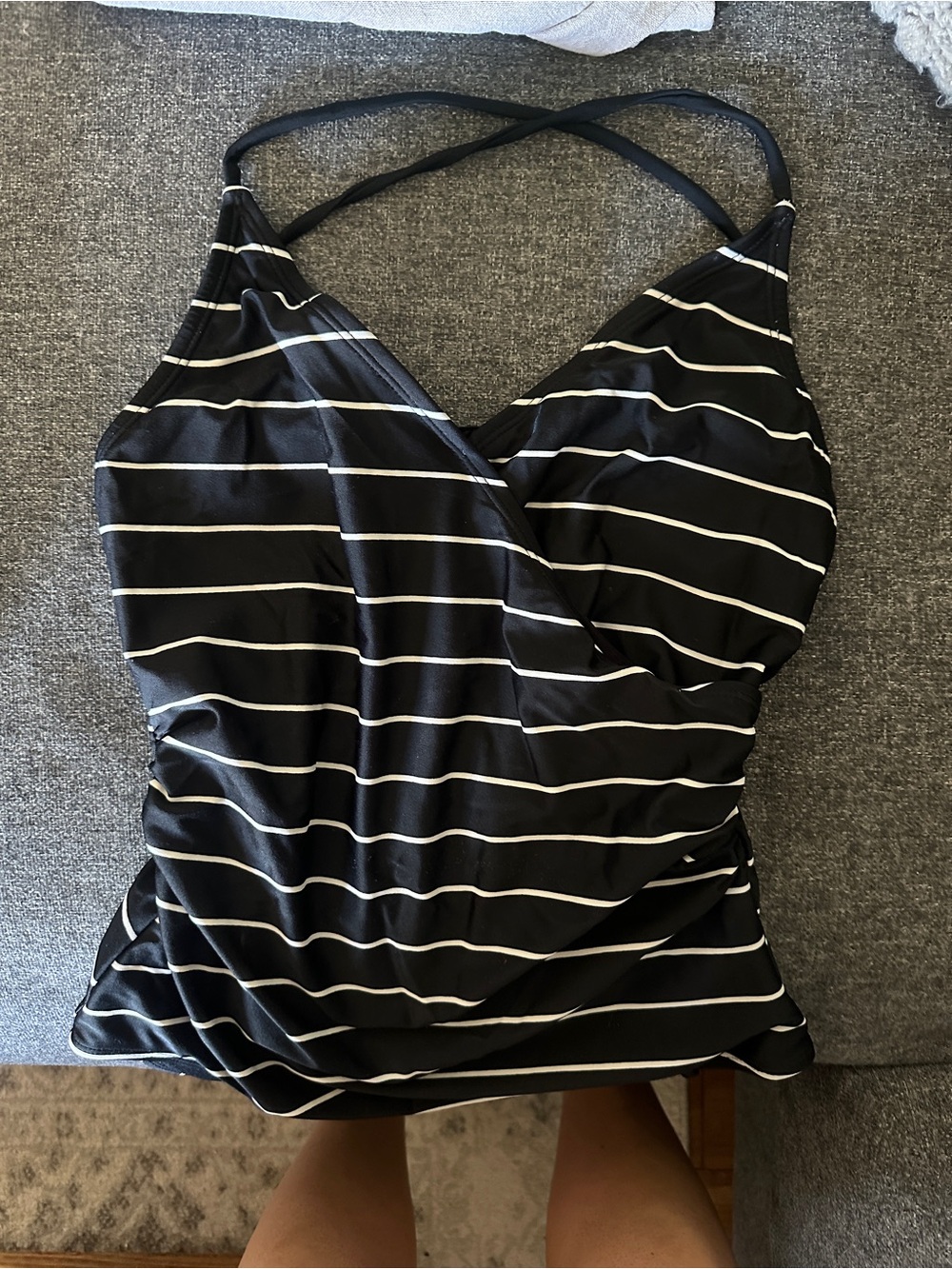 Striped Black One-Piece Swimsuit with Crisscross Back